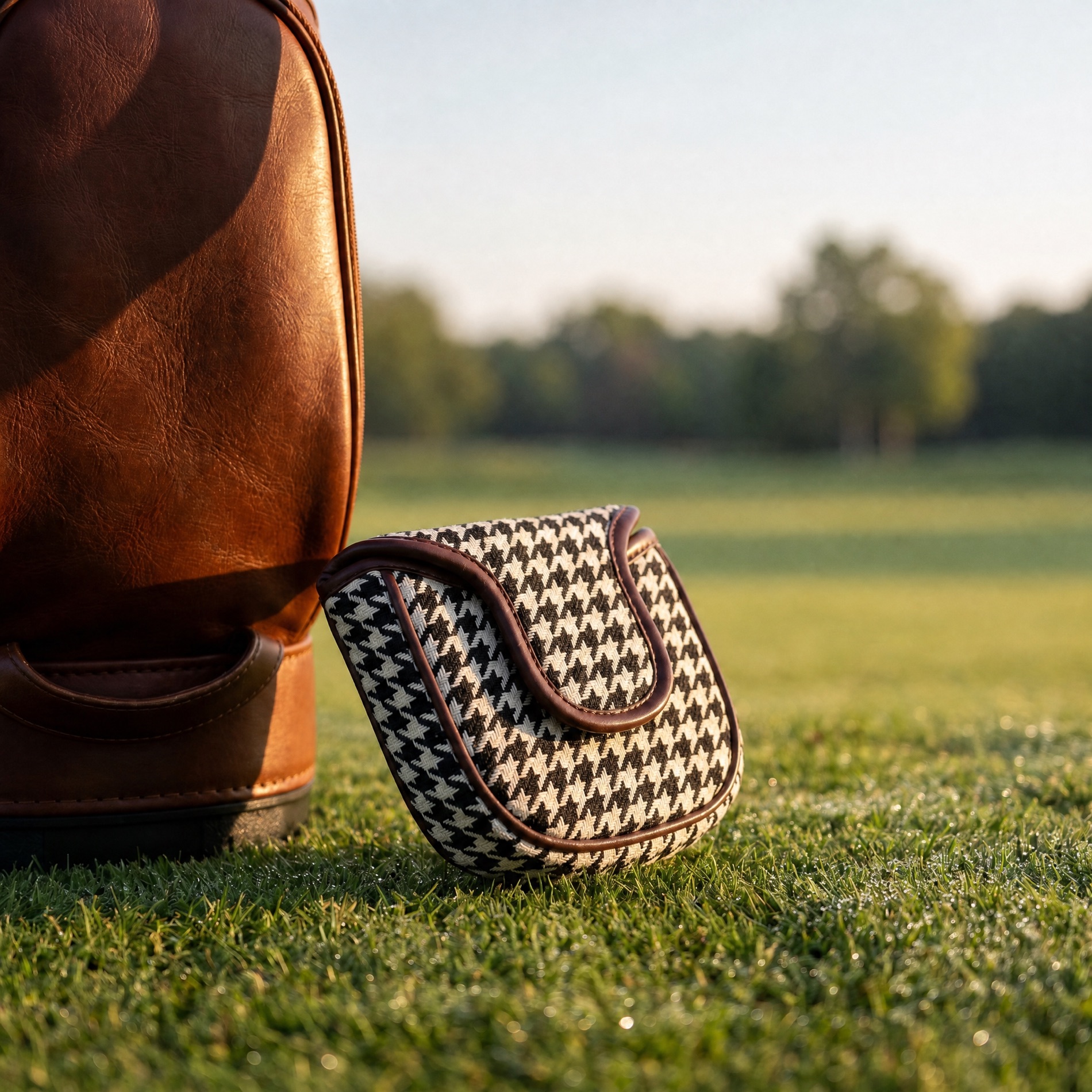 Montvar houndstooth putter cover with brown leather trim resting against a leather golf bag on a sunlit green